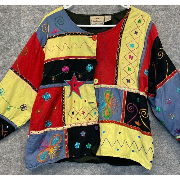 Vtg NEW DIRECTION Jacket Womens Med Multicolor Patchwork Button Down Embroidered - Picture 2 of 15